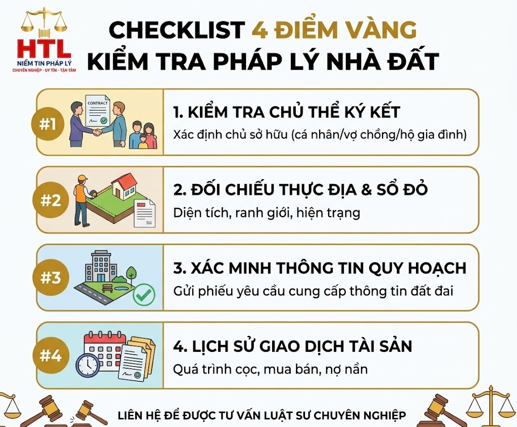 Checklist 4 điểm vàng kiểm tra pháp lý nhà đất trước khi xuống tiền đặt cọc mua bán bất động sản.