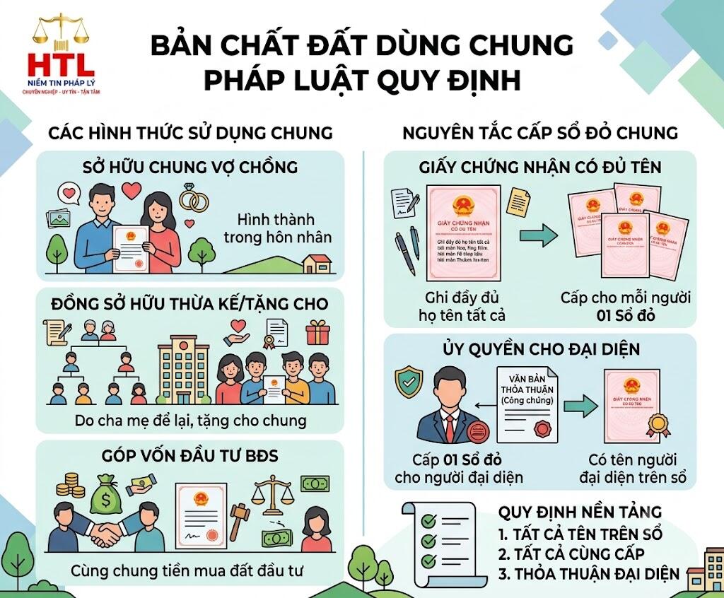 Sơ đồ chi tiết về quy định pháp lý về sử dụng chung đất đai, các hình thức sở hữu chung và nguyên tắc cấp Sổ đỏ.