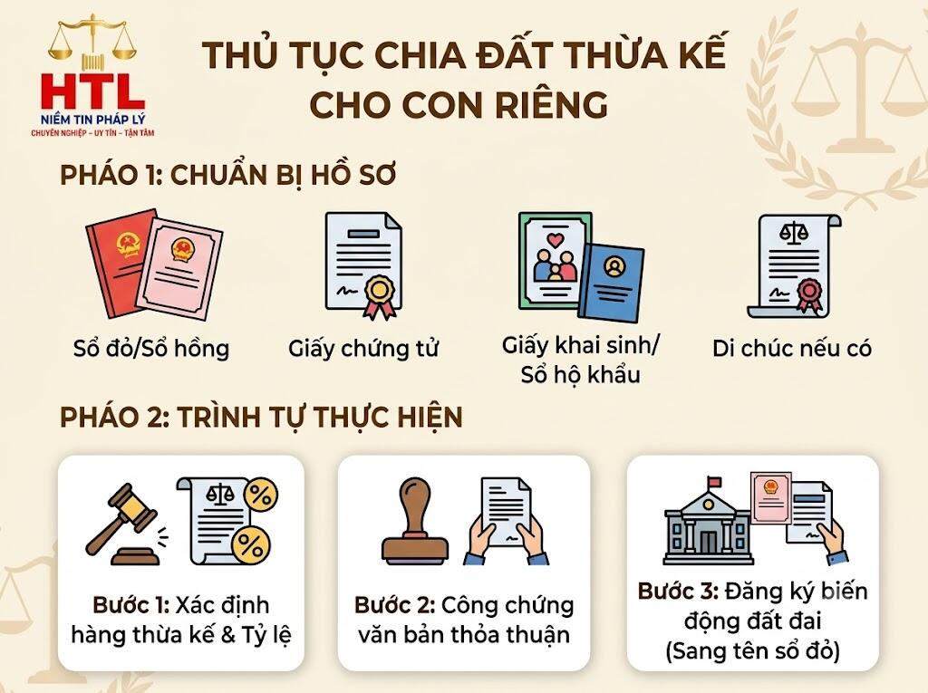 Các bước thủ tục chia đất thừa kế cho con riêng gồm chuẩn bị hồ sơ và các bước sang tên sổ đỏ.
