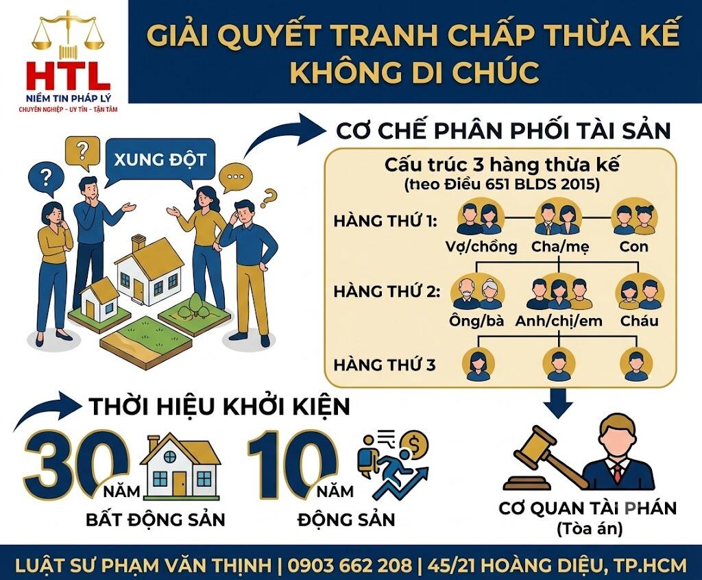 Sơ đồ và thông tin chi tiết về tranh chấp tài sản thừa kế không có di chúc, hàng thừa kế pháp định và thời hiệu khởi kiện theo quy định pháp luật.
